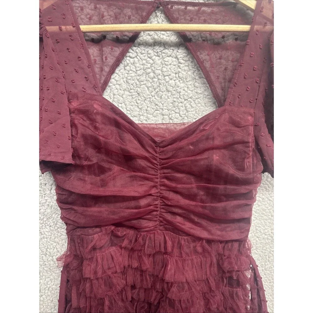 LULUS Elegant Red Wine Cocktail Dress Size S Dot Tullie Ruffles NWT - Picture 3 of 11